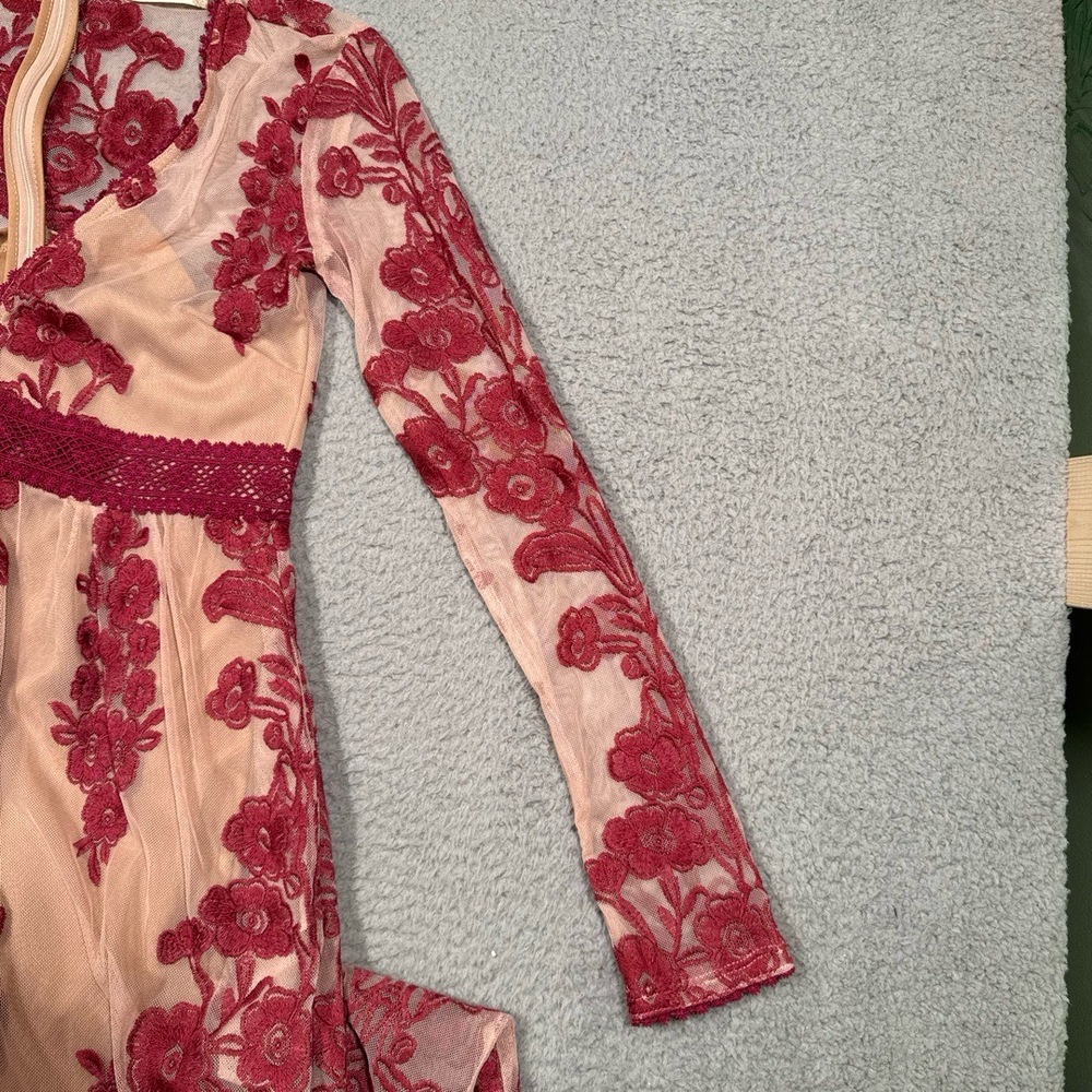 Altar’d State Dress SSmall Red Maxi Floral Embroidery Sheer Overlay Elegant - Picture 4 of 11